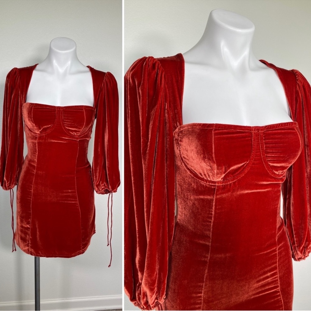 FOR LOVE & LEMONS NADINE RUST VELVET BUSTIER LONG SLEEVED MINI DRESS SIZE XS - Picture 2 of 10